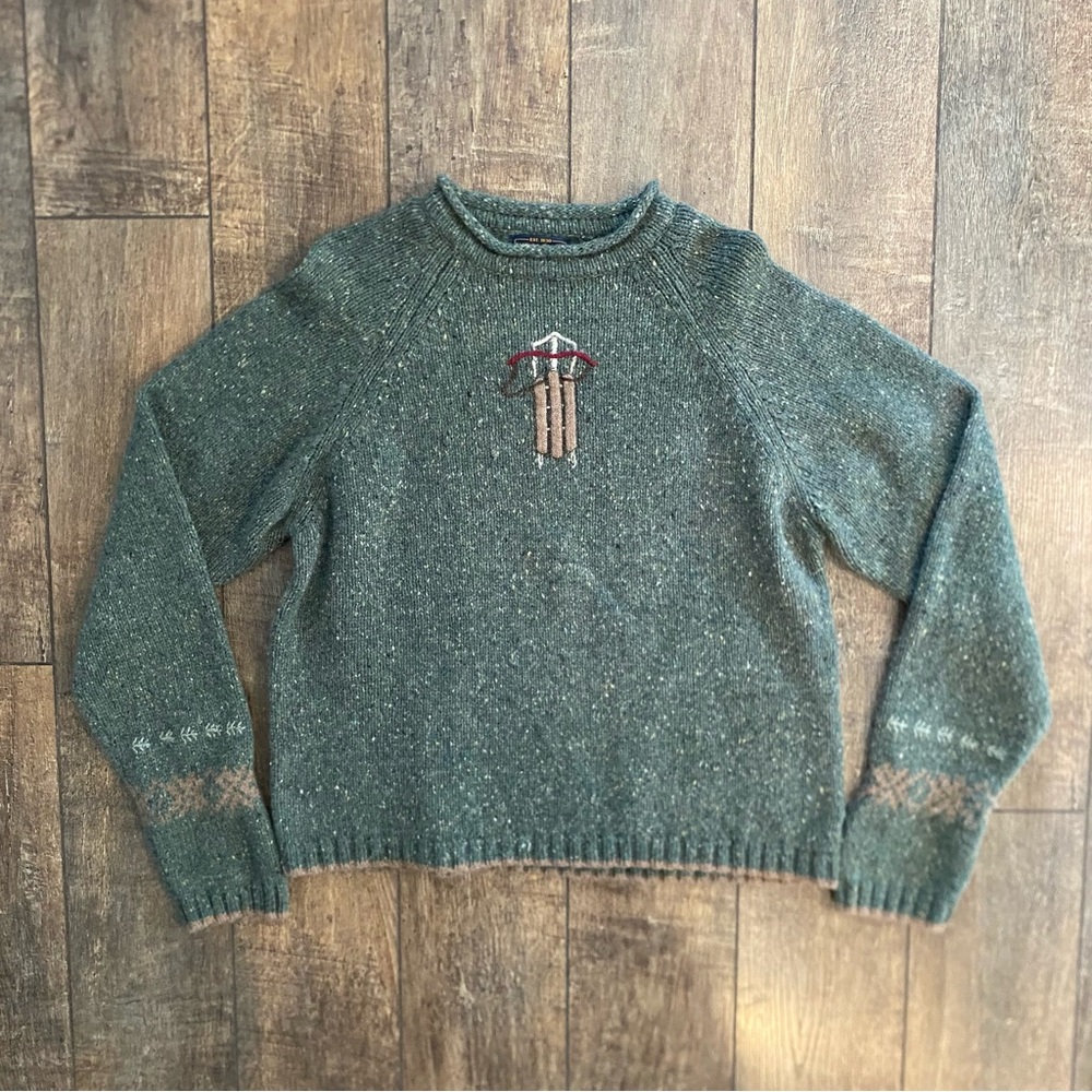 vintage woolrich embroidered sled forest green wool sweater